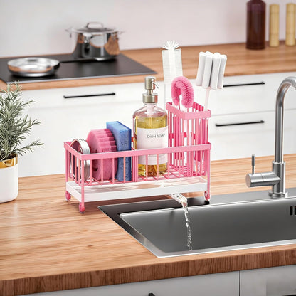 Sponge Holder for Kitchen Sink, Sink Caddy Organizer with High Brush Holder, Kitchen Countertop Organizers and Storage Essentials, Rustproof 304 Stainless Steel (Pink, 9.25″)7