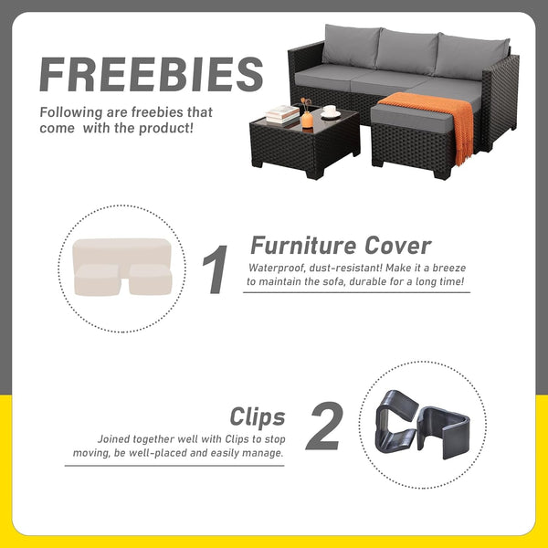 Wicker Patio Furniture Patio Couch 3 Pieces Outdoor Sectional with Ottoman and Outdoor Glass Table Weathering Anti-Slip Cushions Furniture Covers, Light Grey6