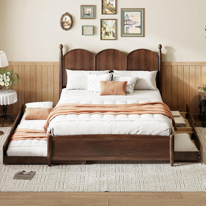 Queen Size Platform Bed with 2 Storage Drawers and Twin XL Size Trundle, Rustic Design Wooden Bed Frame, Walnut1