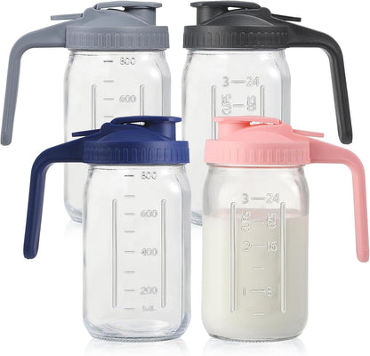 4Pack 32Oz Glass Pitcher with Lid, Wide Mouth Storage Container，1 Quart. | Double Leakproof Glass Mason Jar Pitcher with Pour Spout Lid, for Breastmilk, Sun Tea, Juice, Cold Brew Coffee, Water1