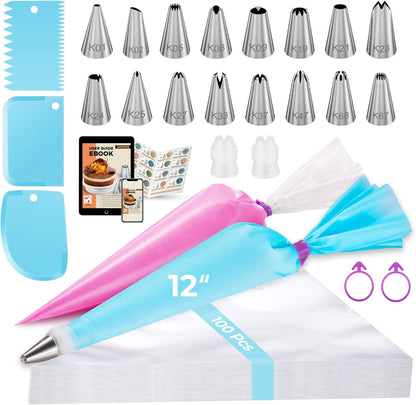 124 Icing Piping Bags and Tips Set Frosting Cake Decorating Kit Blue | Baking Supplies Tools, 100 +1 Piping Bags 12", 16 Icing Piping Tips, Reusable Pastry Bag, 3 Scrapers, for Beginners & Pros1