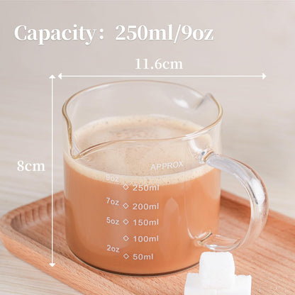 1 Pack 250ML/8.5OZ Measuring Cup Espresso Shot Glasses Double Spouts Large Coffee Cup with Handle Triple Pitcher Milk Cup Parts Clear Glass by3