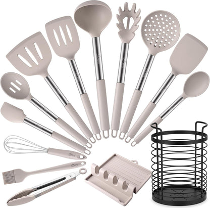 446°F Heat Resistant Silicone Kitchen Utensils, Cooking Utensil Set, Spatula Set, BPA Free, Kitchen Gadgets, with Stainless Steel Utensils Holder, Dishwasher Safe 14Pcs Khaki1