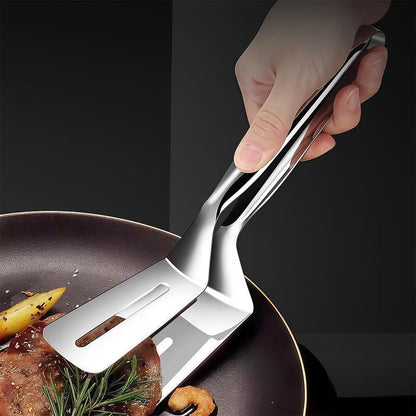 1PC Stainless Steel Cooking Tongs - Double Sided Spatula Ideal for Flipping in BBQ, Grilling and Home Cooking - Perfect for Beefsteak, Bread, Hamburger, Pizza, Pies and Fish1