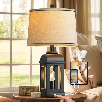 Table Lamp for Bedroom Living Room, Farmhouse Lamps with Nightlight, Black1