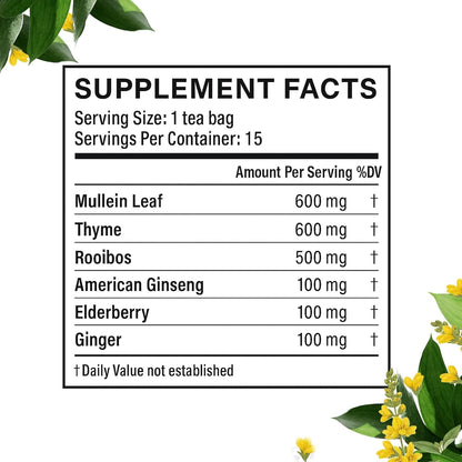 Mullein Tea Bags, Lung Detox W. Thyme, Elderberry, 15 Bags | Caffeine-Free Herbal Calming Mullein Tea, Thyme, Elderberry, Ginseng & Ginger, Lung & Wellness Support & Respiratory Health2