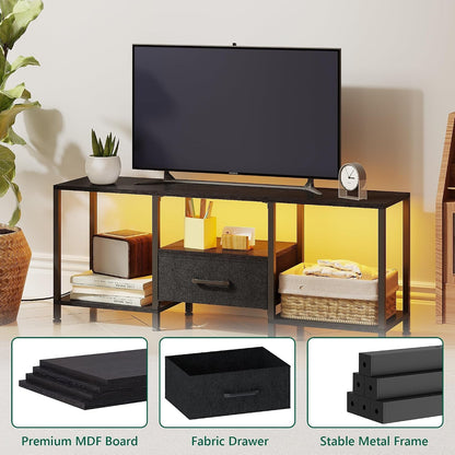 TV Stand with LED Lights, Entertainment Center with Open Shelves and Fabric Drawer, Media Console for 55 Inch TV, Television Stands for Living Room, Bedroom, Black7
