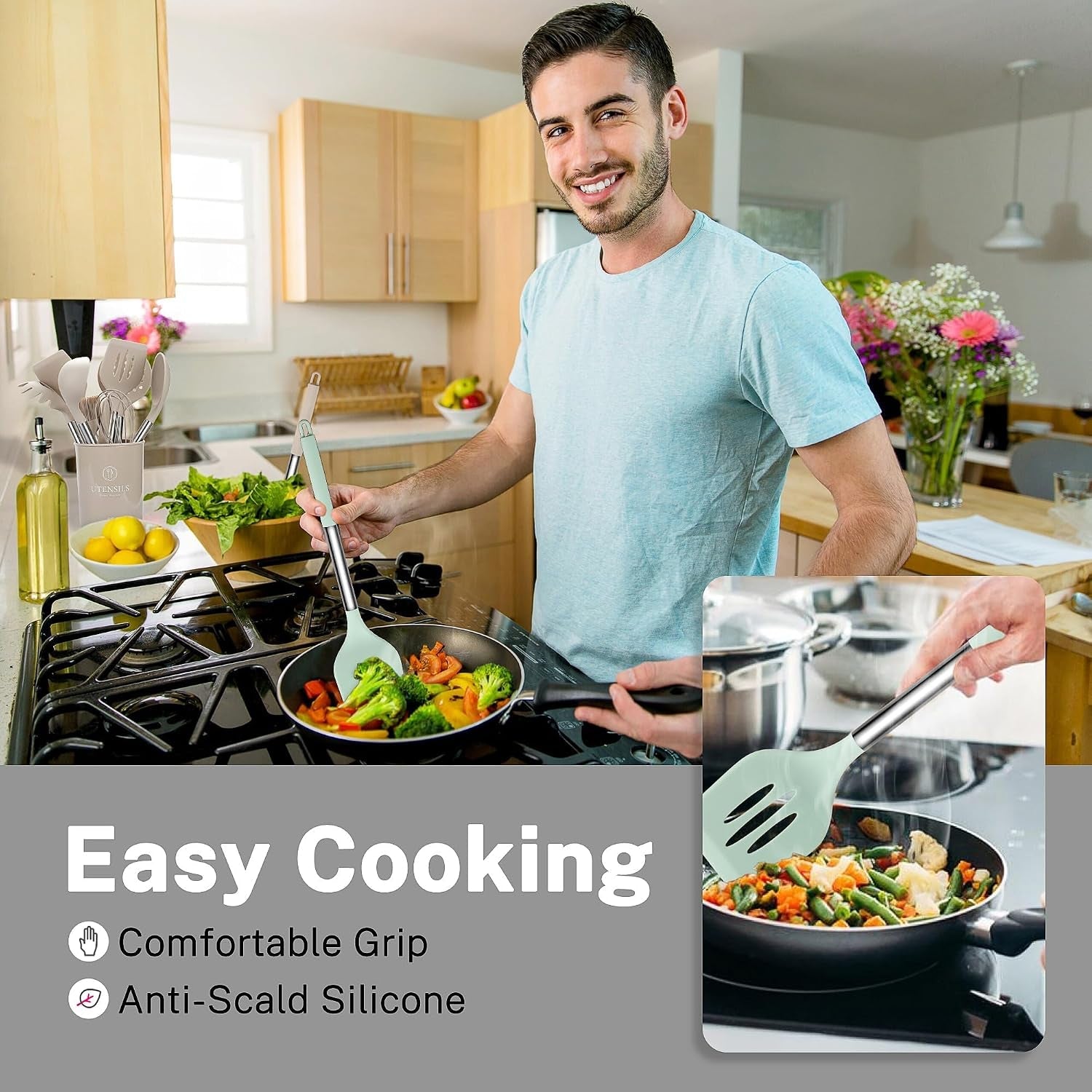 silicone-cooking-utensils-set-28-pcs-non-stick-kitchen-utensils-set-with-holder-446-f-heat-resistant-spatula-tongs-spoons-set-with-stainless-steel-handle-kitchen-gadgets-light-green
