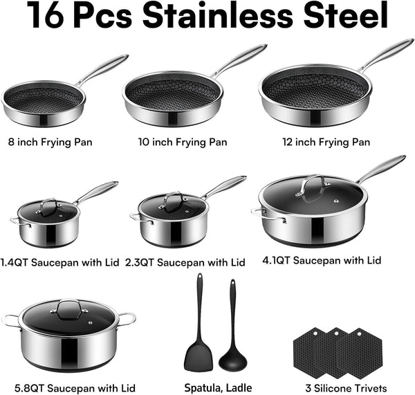 16-Piece 5 Ply Stainless Steel Cookware Set with Lids, Pots and Pans Set Non Stick, Non-Toxic, for Induction, Oven, Dishwasher Safe, RV Essentials, Kitchen Appliances2