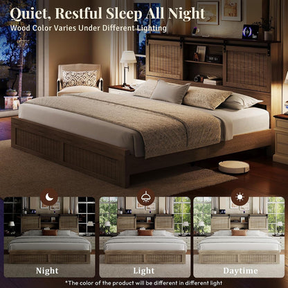 Queen Size Bed Frame with Storage Headboard, Reading Lights, Oak7