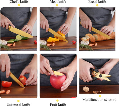 8Pcs Luxury Gold Kitchen Knife Set with Wooden Block,Elegant Gifts | High Carbon Stainless Steel Titanium Coated Chef Knives with Sharpener,Disherwash Safe,Housewarming Gift for Kitchen Decor7