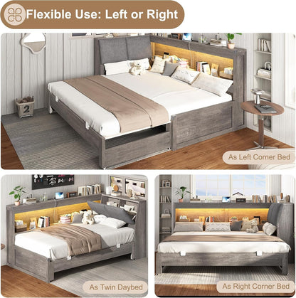 Twin Daybed with Wood Trundle and Storage Bookcase Headboard, Gray3