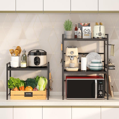 Microwave Oven Rack, Expandable Microwave Stand Countertop Kitchen Utensils Tableware Storage, Carbon Steel over Microwave Shelf Countertop with 3 Hooks2