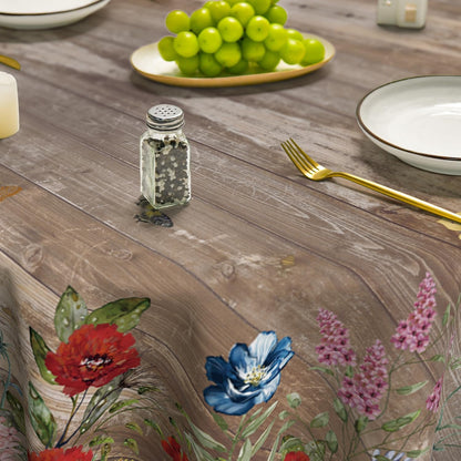 Spring Tablecloth 90 X 90 Inch round Flowers Brown Wood Grain4