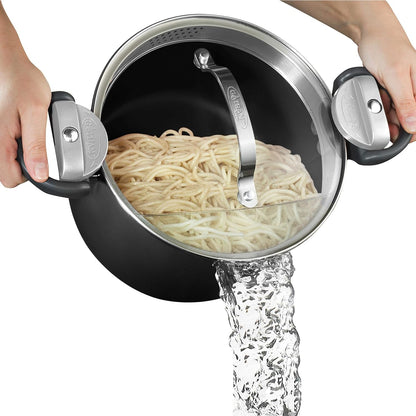 5 Qt Nonstick Pasta Pot with Strainer Lid & Twist and Lock Handles -  Ceramic Pasta Cooker, Tempered Glass Lid, Metal Utensil Safe, PFOA Free, for Spaghetti & Soup, Dishwasher Safe, Black1