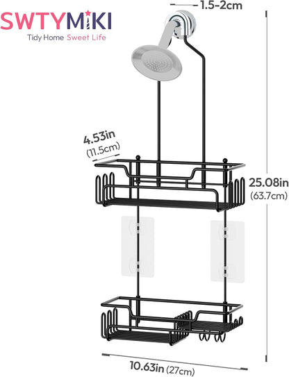 Bathroom Shower Caddy Hanging - Extended Length 2 Tier Rustproof over Shower Head Organizer, No Drilling Bathroom Shelf with 14 Hooks & Soap Holder, Anti-Swing Rack, Black, Medium8
