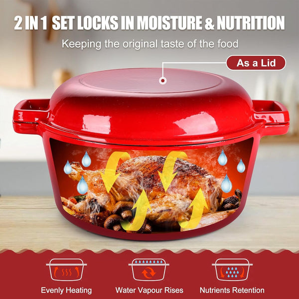 2 in 1 Red Dutch Oven Pot with Lid for Bread Baking, 5Qt | Cast Iron Bread Dutch Oven, Skillet & Pot for Roasting Braising Stewing Frying Simmering, Multi Stoves & Oven Safe5