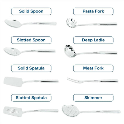 Viking Kitchen Utensils Set, 8 Piece Stainless Steel Cooking Utensil Set, Includes Spatulas, Spoons, Pasta Fork, Deep Ladle, Meat Fork, and Skimmer, Silver4