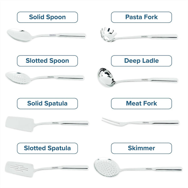 Viking Kitchen Utensils Set, 8 Piece Stainless Steel Cooking Utensil Set, Includes Spatulas, Spoons, Pasta Fork, Deep Ladle, Meat Fork, and Skimmer, Silver4