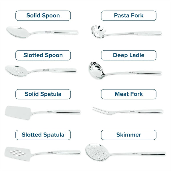 Viking Kitchen Utensils Set, 8 Piece Stainless Steel Cooking Utensil Set, Includes Spatulas, Spoons, Pasta Fork, Deep Ladle, Meat Fork, and Skimmer, Silver4