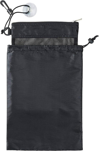 Shower Bag Tote, Mesh Caddy Toiletry Organizer 12”L X 9”W, Compact and Lightweight with Suction Cup, Cord for Hanging, Zipper and Drawstring Pouch 14”L X 10”W, Black3