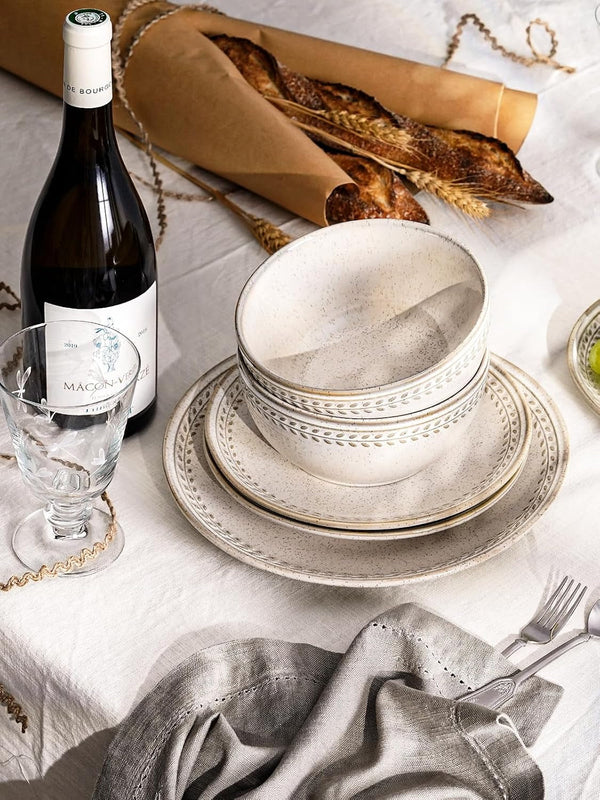 Plates and Bowls Sets for 4, 12 Piece Ceramic Dinnerware Sets, Kitchen Stoneware Dish Set, Chip Resistant, Microwave & Dishwasher Safe, Beige Wheat (8"&10" Plate, 27Oz Bowl)7