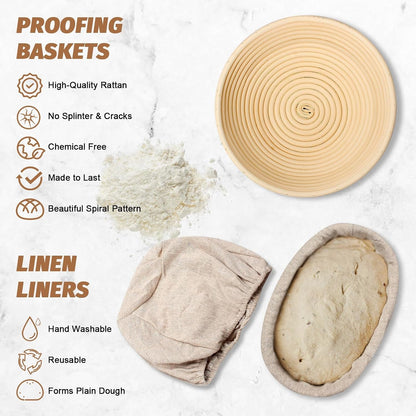 Sourdough Proofing Basket Gift Set, 9" round and 10" Oval Banneton Bread Baking Supplies, Sourdough Baskets with Bread Lame, Danish Whish, Bowl Scraper, Sourdough Scraper, and Linen Liner2