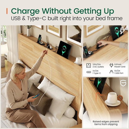 Queen Size Wood Platform Bed Frame with Mid-Century Modern Tall Headboard & Charging Station, Built-In Headboard Shelf, Solid Sustainable Bedframe, No Box Spring Needed, Easy Assembly, Natural5