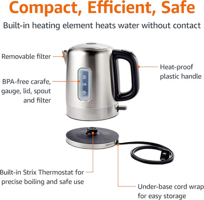 Electric Stainless Steel Kettle for Tea and Coffee, Bpa-Free, Fast Boiling, Auto Shut-Off, 1 Liter, 1500W, Black and Silver3