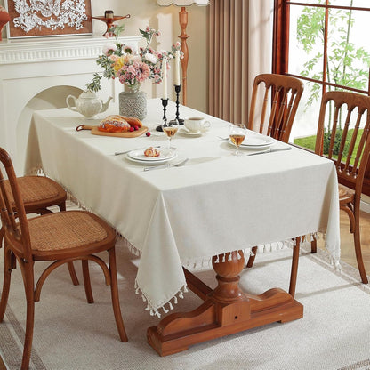 Rectangle Tablecloth, Water Resistant Tassel Table Cloth Wipe Clean Table Cover, Polyester Waterproof Large Tablecloths for Kitchen Dinning Decoration (Ivory, 36''X36'')4