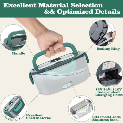 Electric Heated Lunch Box, 100W Fast Heating, 1.5L Food-Grade 304 Stainless Steel, 12V/24V/110V Portable Food Warmer for Car Truck Office Adults, Lonchera Electrica Portatil (Green)6