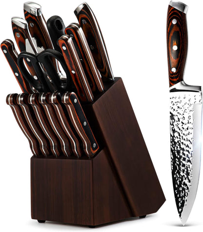 Kitchen Knife Set,15-Piece Knife Set with Block Wooden,Self Sharpening for Chef Knife Set,High Carbon Japan Stainless Steel Hammered Collection Knife Block Set with Steak Knives, Boxed Knife Set | Hammered Collection, Japan Stainless Steel, with 6Pcs Steak Knives1