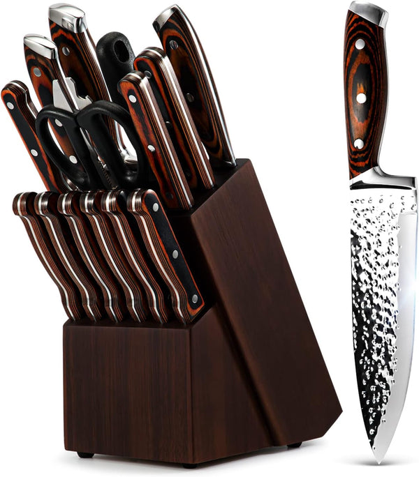Kitchen Knife Set,15-Piece Knife Set with Block Wooden,Self Sharpening for Chef Knife Set,High Carbon Japan Stainless Steel Hammered Collection Knife Block Set with Steak Knives, Boxed Knife Set | Hammered Collection, Japan Stainless Steel, with 6Pcs Steak Knives1