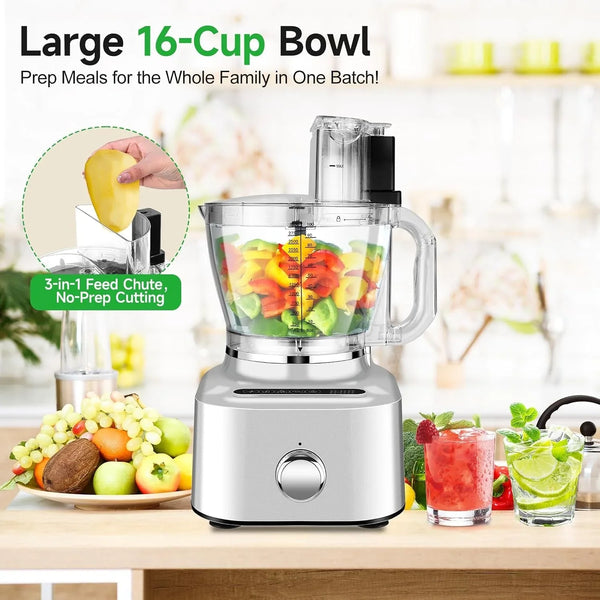 16 Cup Food Processor Blender Combo, 11-In-1 Glass Blender for Home | 1.8L Glass Blender, 5 Preset Modes, Veggie Meat Chop, Dice, Shred, Slice, French Fries Cut,Dough Knead, Blend, Stepless Speed8