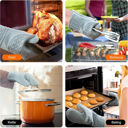 Silicone Oven Mitts, Heat Resistant 2PCS Oven Mitts with Soft Cotton Lining, Waterproof Non-Slip Grip Oven Glove, Kitchen Potholder Mits for BBQ, Baking, Cooking, 12.5 Inch - Grey6