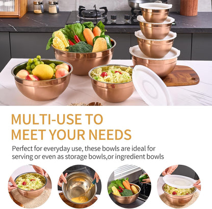Rose Gold Mixing Bowls with Airtight Lids, Stainless Steel Nesting Mixing Bowls Set of 7, Ideal for Baking, Prepping and Serving Food, Size 7, 3.6, 2.7, 2.1, 1.5, 1.1,0.8 QT, Stackable Design5