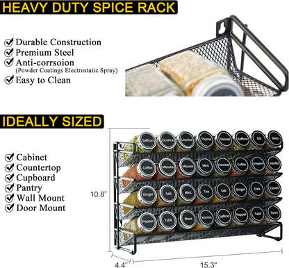 Spice Rack Organizer with 32 Spice Jars, 386 Spice Labels, Chalk Marker and Funnel Set for Cabinet, Countertop, Pantry, Cupboard or Door & Wall Mount - 32 Jars, 15.3" W × 10.8" H, Black4