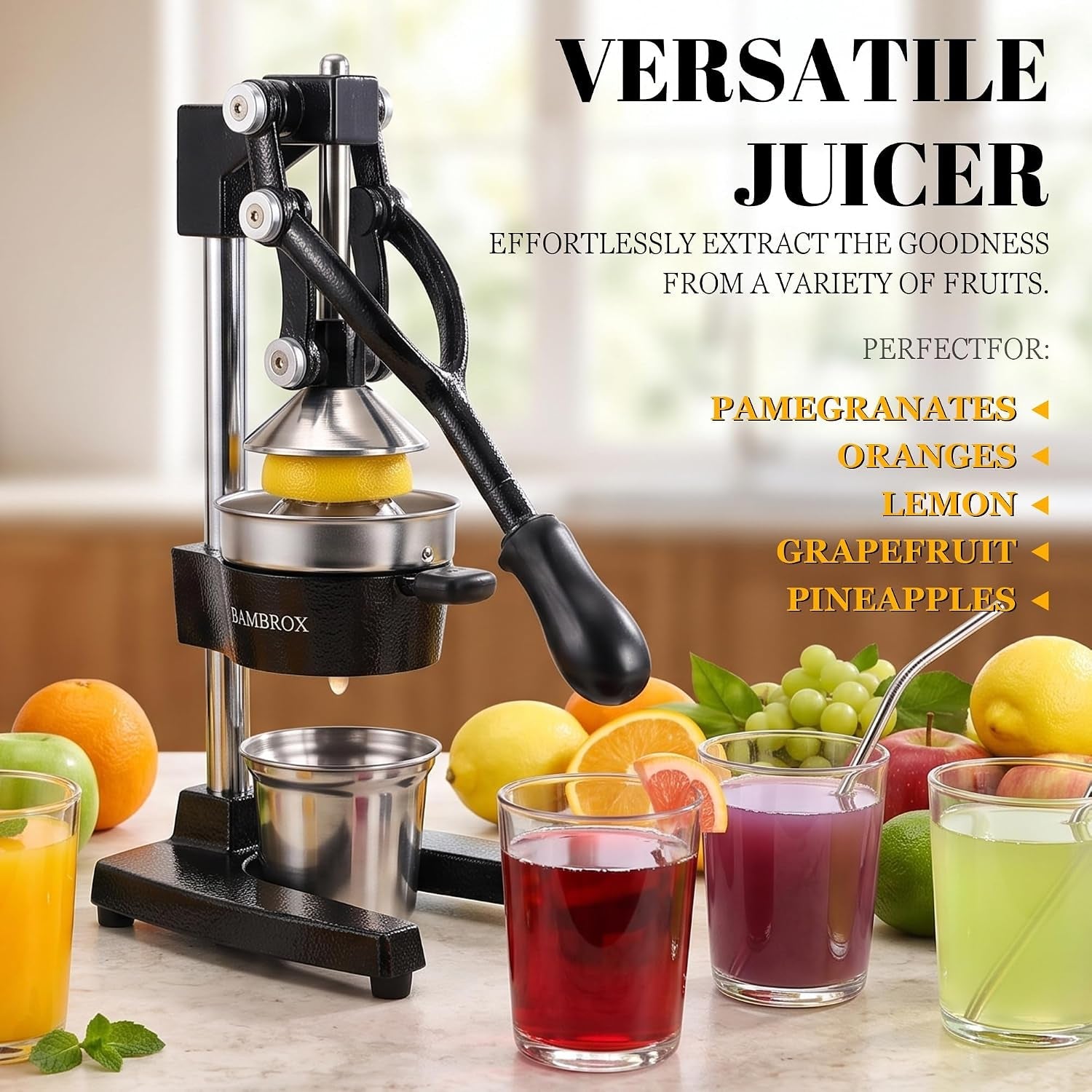 manual-cast-iron-lemon-squeezer-black-citrus-juicer-detachable-cone-free-stainless-steel-cup-extracts-juice-from-lemons-oranges-and-grapefruits-easy-to-clean