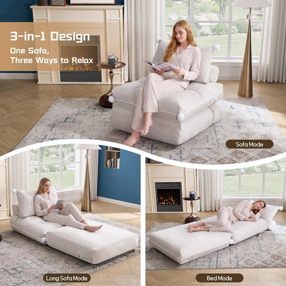 Folding Sofa Bed, Convertible Sleeper Chair with Back Support, Comfy Chenille Fold Out Couch Bed for Adults, No Wall Needed Floor Sofa Bed for Living Room Bedroom Apartment, Beige3