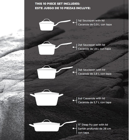 the Rock 10PC Non-Stick Cookware Set, Forged Aluminum, Black | Non-Stick Saucepans & Fry Pan. Rock.Tec Surface. Oven Safe. Even Heating. Everyday Cookware Set.4
