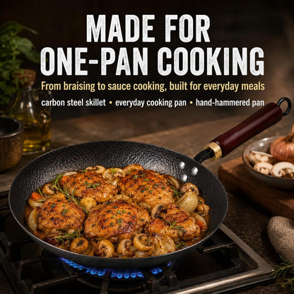 10.5" Hand Hammered Carbon Steel Skillet for Searing | Uncoated Surface; Removable Handle for Oven Use, Smoother Food Release with Seasoning, and Compatibility with All Stovetops.4