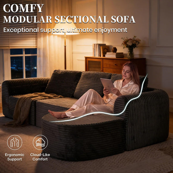 108” Modular Sectional Sofa, Boneless Couches for Living Room, Deep Seat L-Shape Cloud Couch with Chaise, Comfy Sofa Freely Change Configurations No Assembly Required, Soft Plush Corduroy Fabric(Grey)3