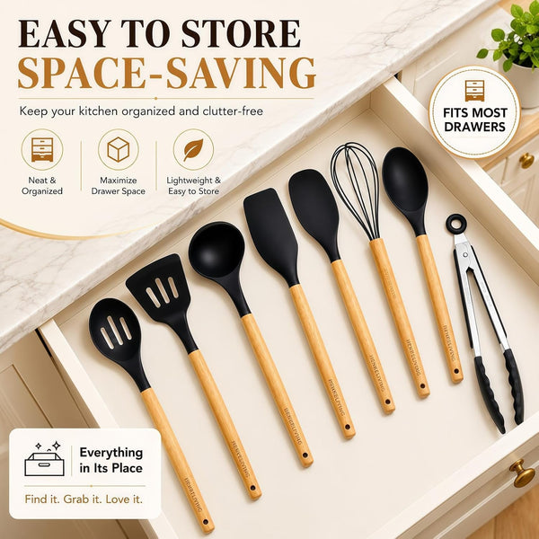 Silicone 10 Pcs Kitchen Cooking Utensils Set, Recycled Materials Certification, BPA Free Spatula Set with Heat Resistant Wood Handles for Nonstick Cookware, Black6