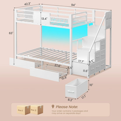 Bunk Bed Twin over Twin with Stairs, Storage Drawers and LED Lights2