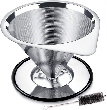 Pour over Coffee Dripper Stainless Steel Coffee Filter Metal Cone Filter Paperless Reusable Coffee Filter Single Cup Coffee Maker 1-2 Cup with Non-Slip Cup Stand and Cleaning Brush1