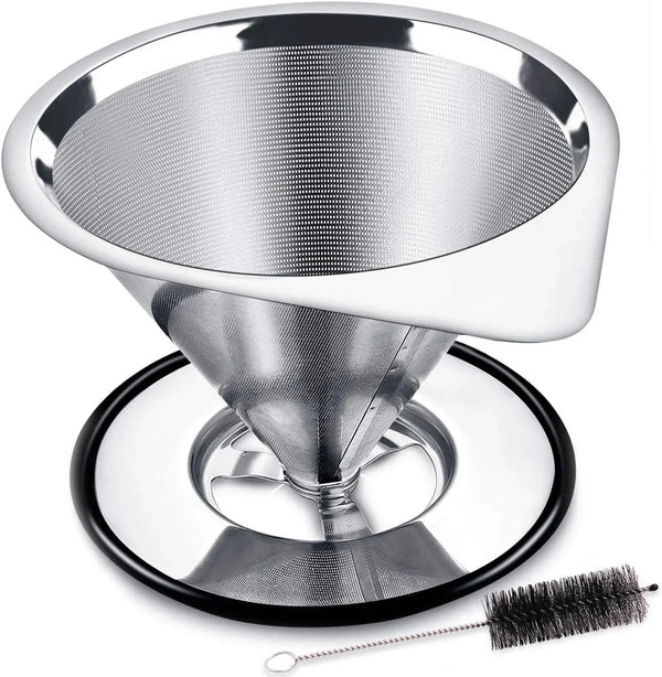 Pour over Coffee Dripper Stainless Steel Coffee Filter Metal Cone Filter Paperless Reusable Coffee Filter Single Cup Coffee Maker 1-2 Cup with Non-Slip Cup Stand and Cleaning Brush1