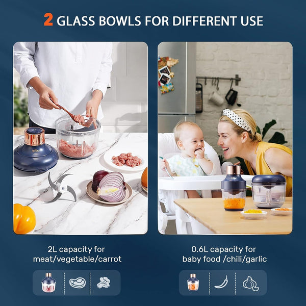 Food Processor, Electric Food Chopper with 2 Glass Bowls (8 Cup+2.5 Cup), 400W Power Grinder with 2 Sets Stainless Steel Blades, 2 Speed for Meat, Vegetables, and Baby Food | Dishwasher Safe, 2 Sets Stainless Steel Blades, Ideal for Meat, Vegetables, and Baby Food Preparation2