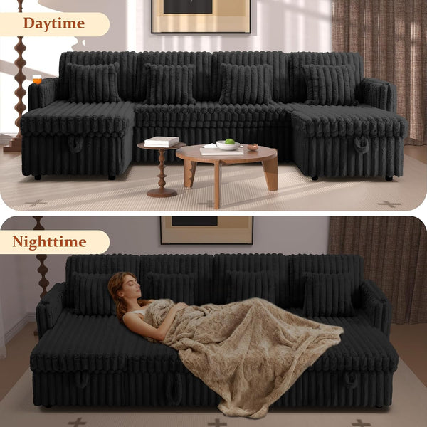 107'' Sectional Sleeper Sofa with Pull Out Bed, Storage Chaise, Adjustable Backrest, USB Charger, Cup Holder & Side Pocket, Fluffy Soft Corduroy U Shaped Couch for Living Room, Black3