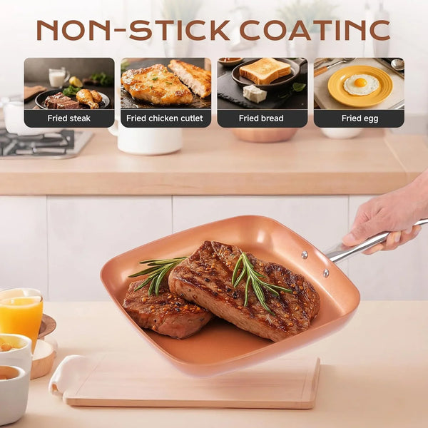 Non-Stick Copper Square Frying Pan, 12" Chef Skillet with Ceramic Coating, Oven Dishwasher Safe, Pfoa-Free, Home Use for All Stoves5