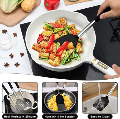 Kitchen Utensils Set, 15 Pcs Silicone Cooking Utensils Set with Holder and Heat Resistant Stainless Steel Handle for Nonstick Cookware - Black5